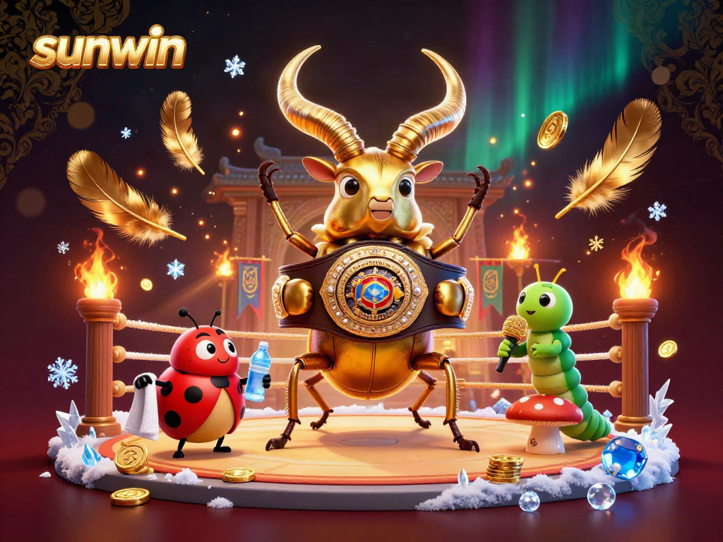 Engage in thrilling action and excitement with sunwin, featuring a giant beetle boxing champion amidst casino elements.