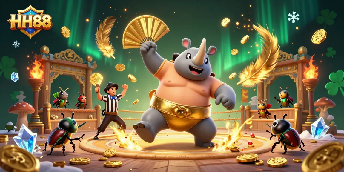 HH88 players engage in dynamic casino action, featuring beetle champion and golden coins.