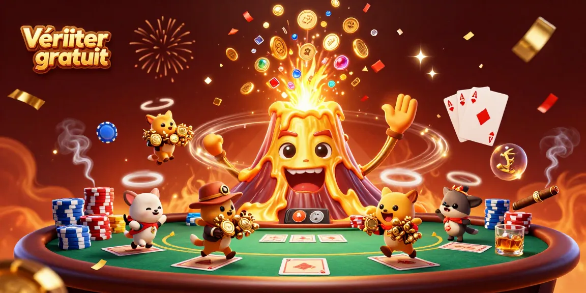 Vérifier coupon gratuit pour des gains en jouant au poker avec des personnages 3D dans un décor festif.