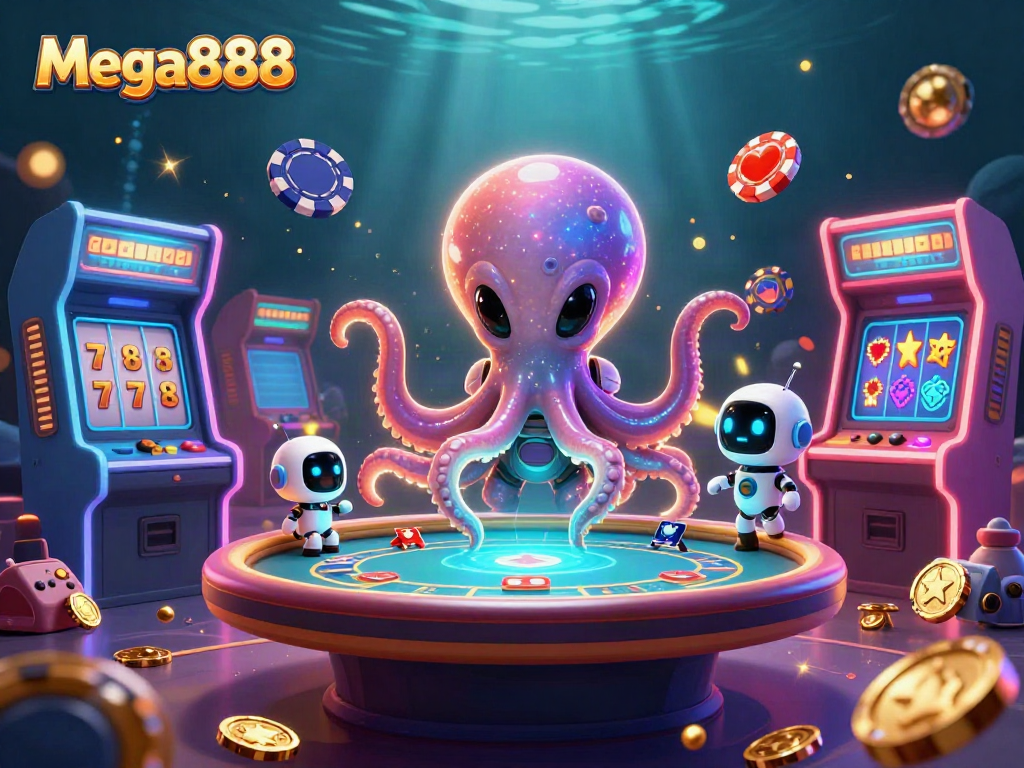 Engage in Mega888 gaming with a vibrant 3D alien octopus at a holographic poker table.