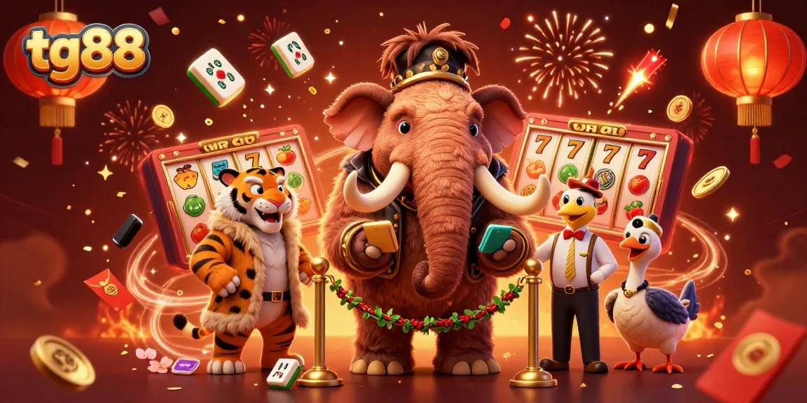 Experience fun at tg88 with a woolly mammoth bouncer and a saber-tooth tiger VIP guest in this vibrant casino scene.