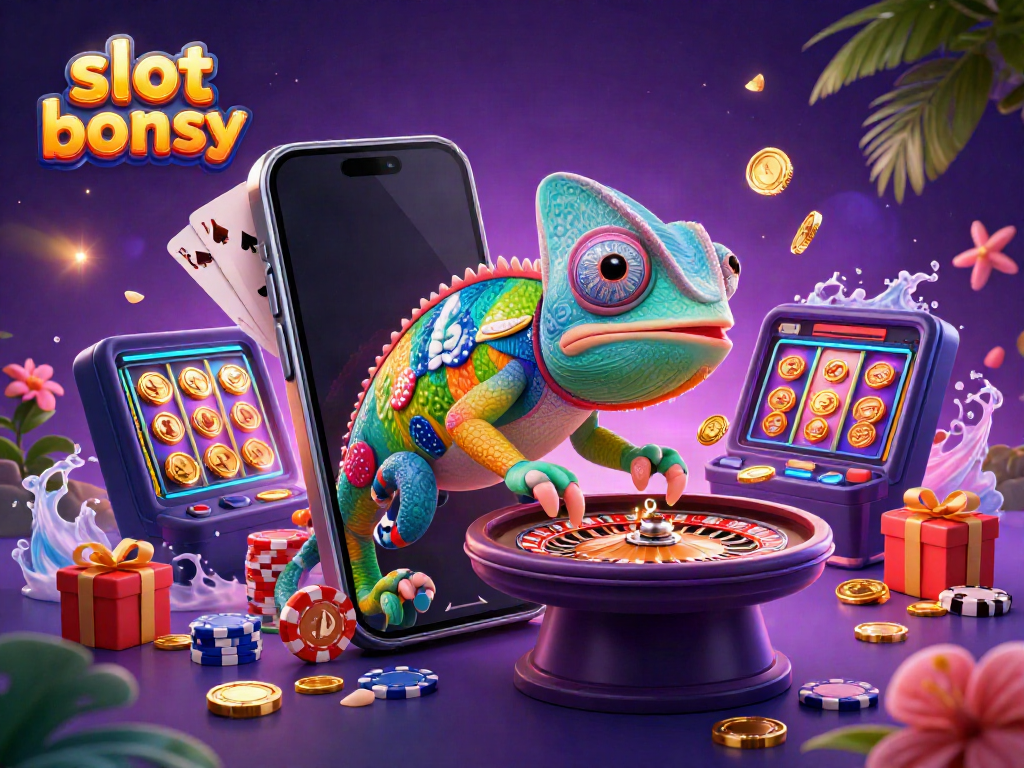 Enjoy thrilling slot bonus action with our vibrant 3D chameleon casino scene, filled with colorful games and treasures.