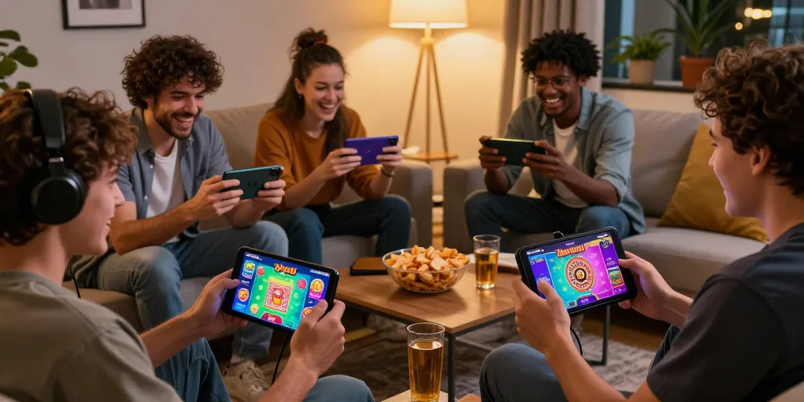 Group of friends enjoying mobile gaming with 3Patti Loot APK download file on their devices, vibrant atmosphere