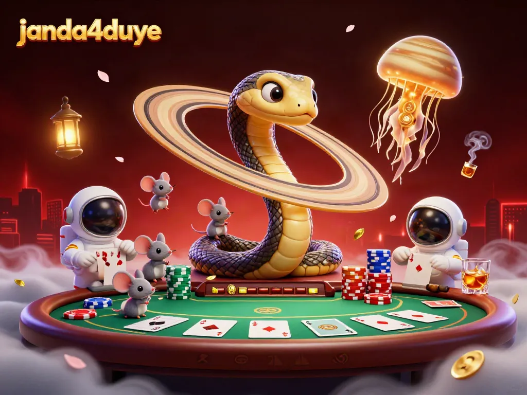 JANDA4DUYE menampilkan ilustrasi detail 3D dari ular cincin Saturnus sebagai roda roulette, di tengah suasana kasino.