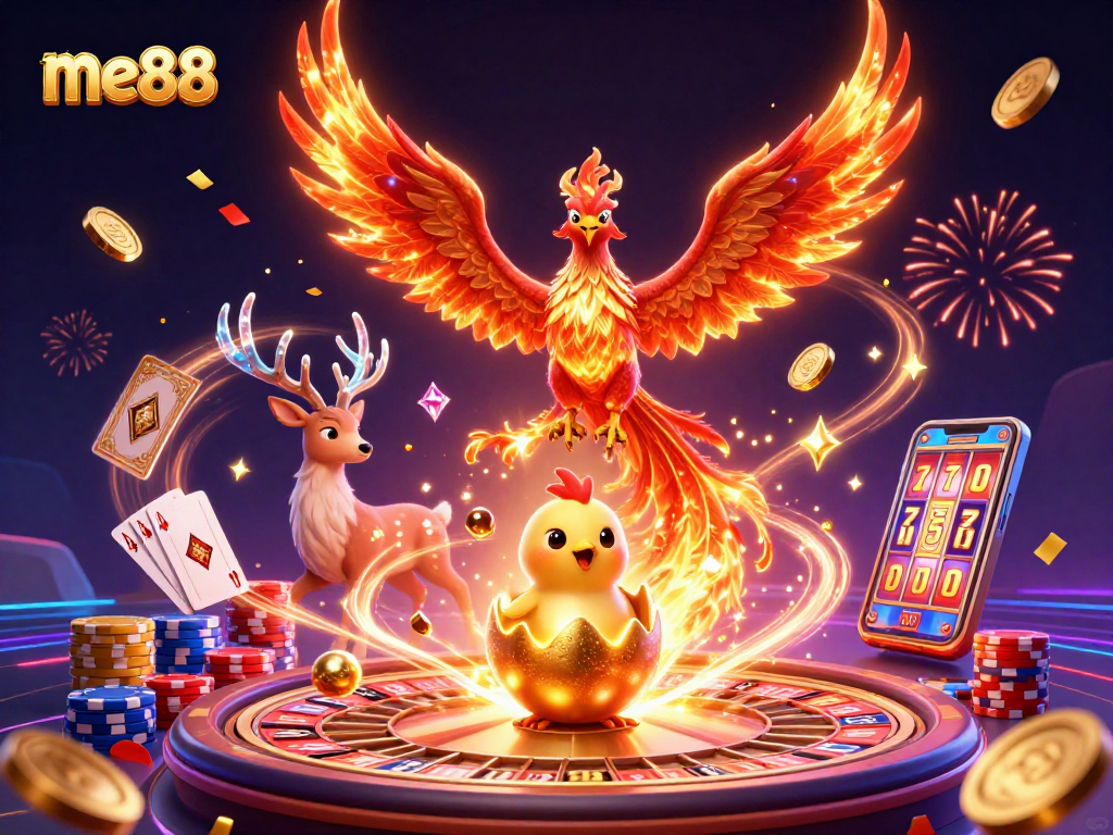 Win big at me88 with thrilling 3D casino characters amidst flying coins and vibrant lights.