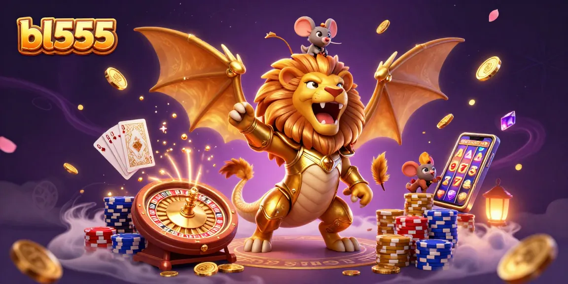 bl555 features a triumphant chimera creature surrounded by casino elements, enhancing your gaming experience.