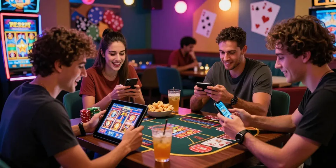 Engaged players enjoying casino games at https://slotspk.com.pk/ with mobile devices in a lively, colorful lounge setting.