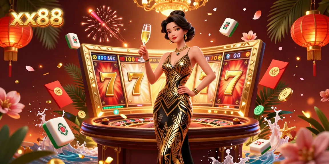 Experience excitement at xx88 with vibrant slot reels and captivating casino elements in an immersive 3D illustration.