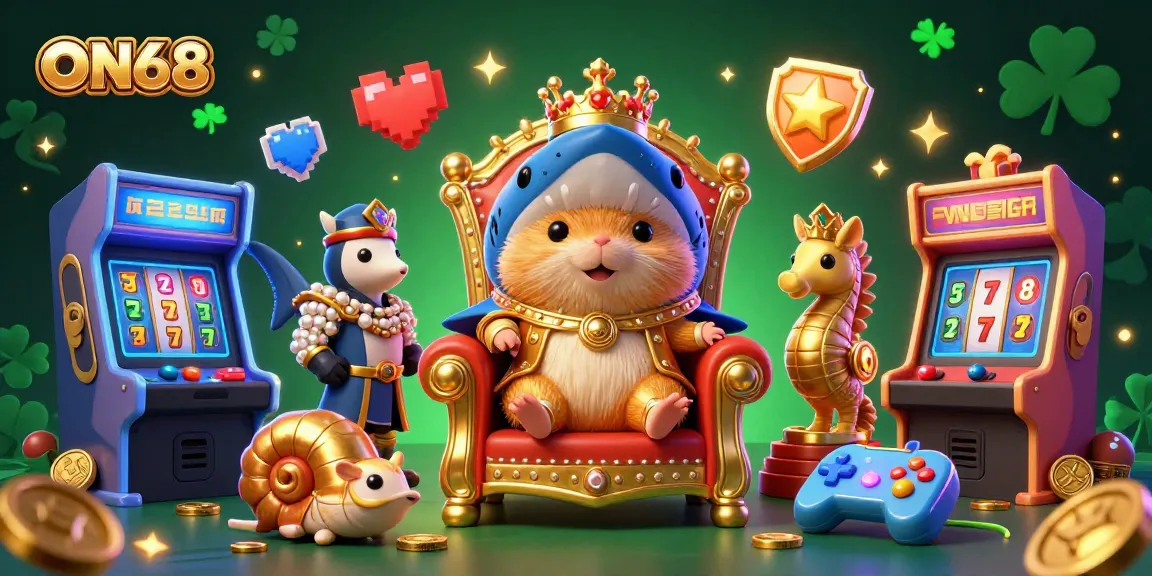 Win big with ON68's golden hamster king in a vibrant casino-themed 3D illustration.