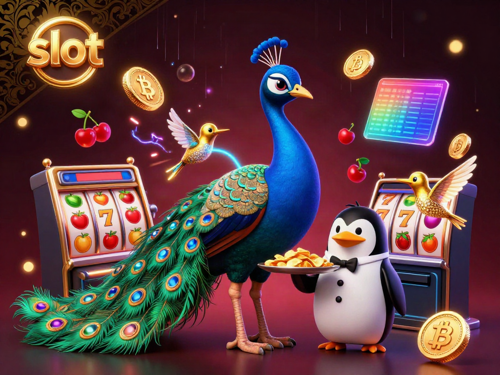 Engage in thrilling slot machine excitement with vibrant characters, lucky symbols, and crypto coins.