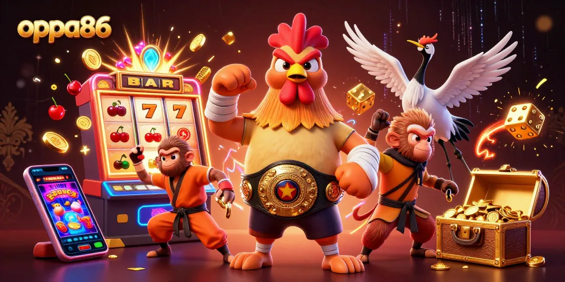 Spin the slots with oppa86 featuring a colorful jackpot, characters, and casino elements.