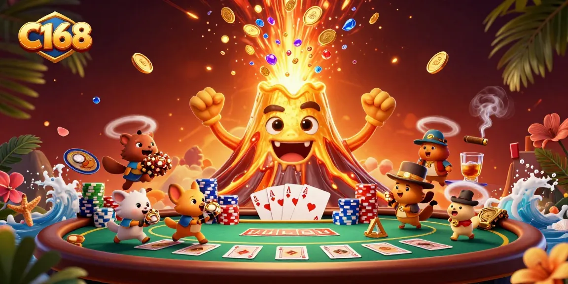 C168 brings thrilling gaming adventures with a towering golden volcano erupting coins and treasure amid an exciting poker scene.