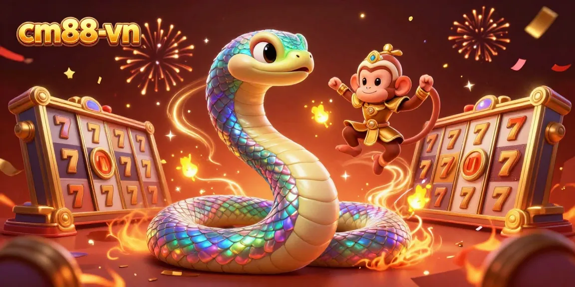 Engage with cm88-vn's vibrant casino scene featuring a rainbow serpent and slot elements for optimal gaming excitement.