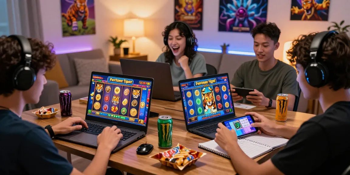 Excited players enjoying the Fortune Tiger slot game in a cozy gaming environment, showcasing colorful graphics and vibrant atmosphere.