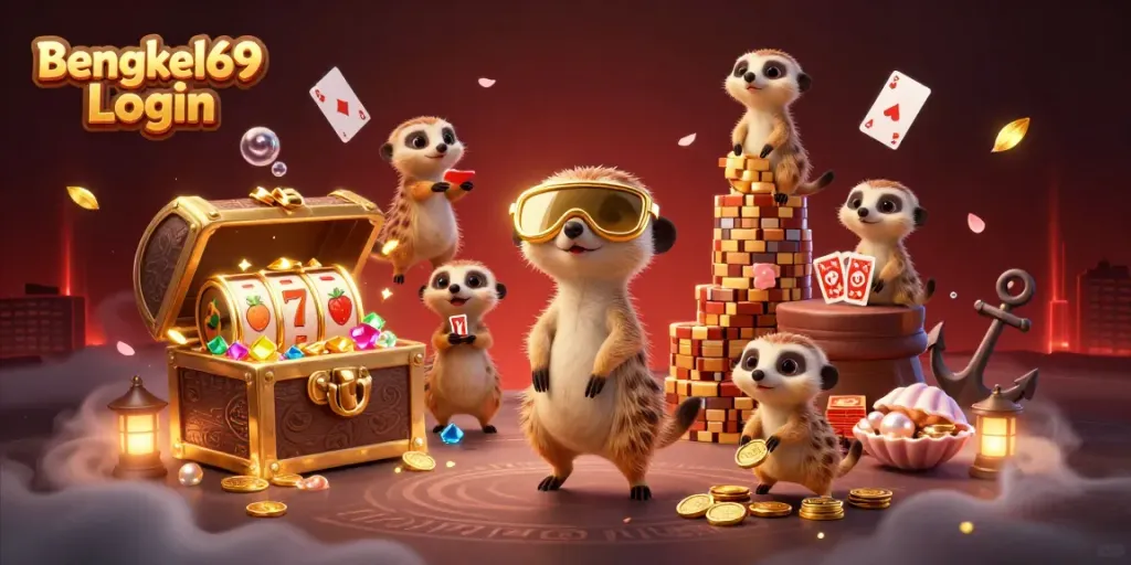 Experience the excitement of Bengkel69 Login with a lively meerkat casino scene filled with vibrant game elements.
