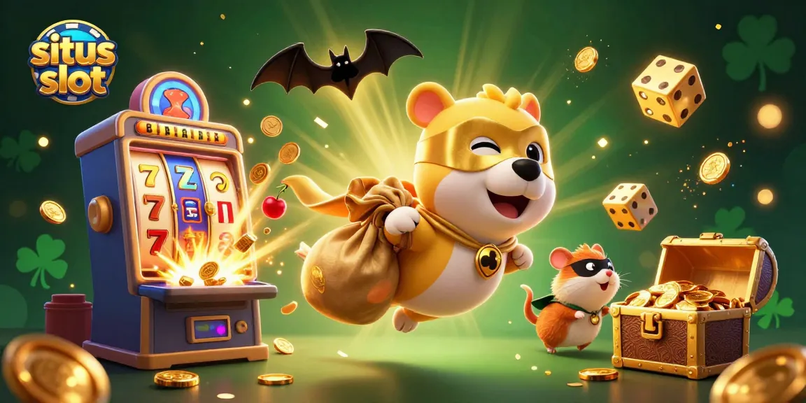 Experience thrilling gameplay at situs slot with a superhero dog and hamster amidst a jackpot explosion.
