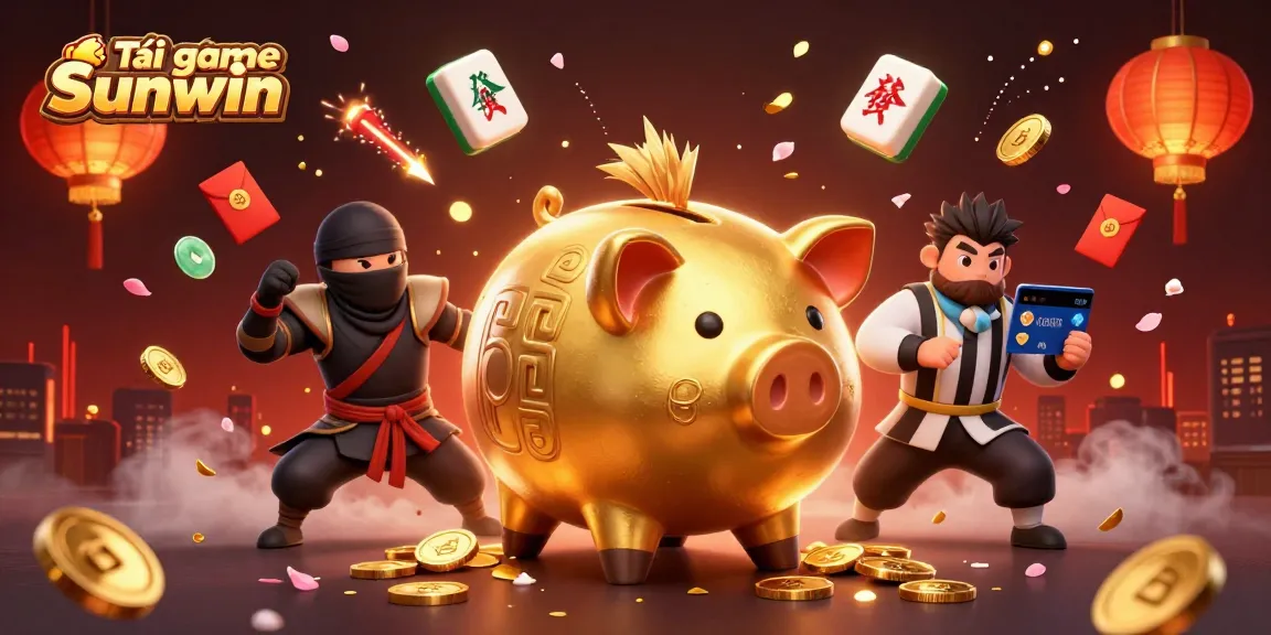 Engage with Tải game Sunwin as a golden pig sumo wrestler stomps coins from the ground in a lively casino scene.
