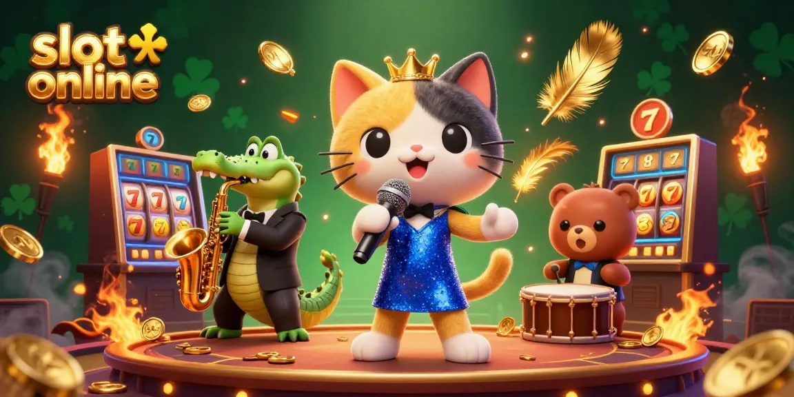 Grafik slot online menampilkan kucing penyanyi jazz, buaya, dan beruang di panggung kasino.