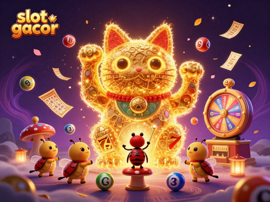 Menemukan slot gacor terbaru dengan karakter kucing keberuntungan yang menggerakkan simbol kasino dalam ilustrasi 3D.