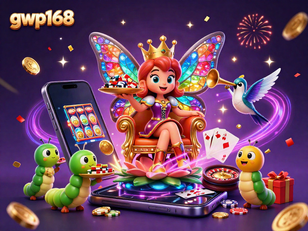 GWP168 menghadirkan Ratu Kupu-kupu 3D di kasino dengan chip emas dan permainan slot.