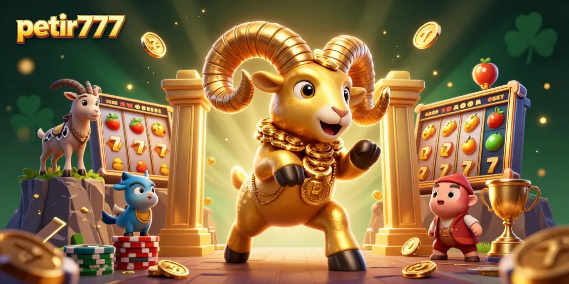 Experience thrilling slots action at petir777 with a dynamic golden ram charging through a vibrant casino scene.