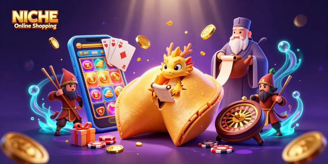 Experience NICHE Online Shopping with vibrant slot gaming and golden fortune in this 3D illustration.