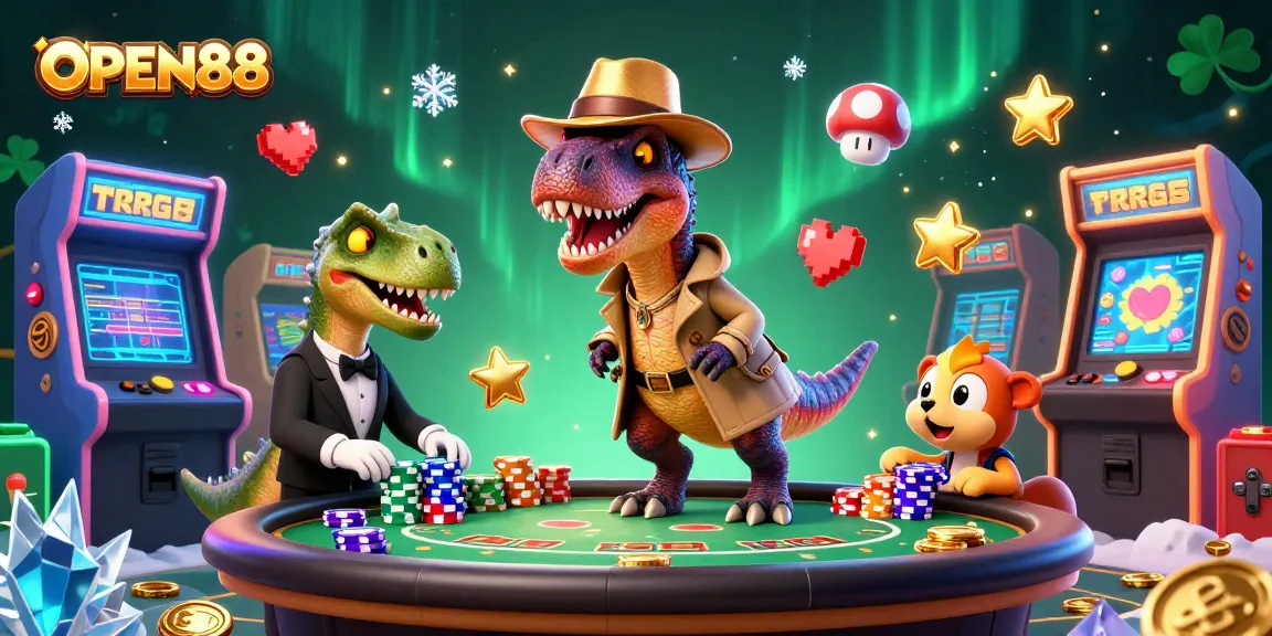 OPEN88 captures a thrilling casino atmosphere with cartoon dinosaurs at a blackjack table, adding excitement to online gaming.