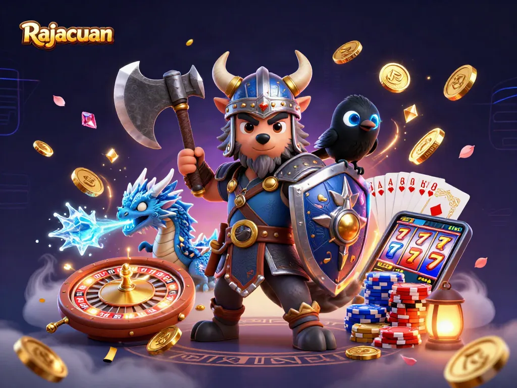 Engage with Rajacuan's thrilling scenes, showcasing a Viking warrior and dragon amid casino elements.