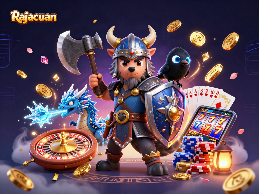 Engage with Rajacuan's thrilling scenes, showcasing a Viking warrior and dragon amid casino elements.