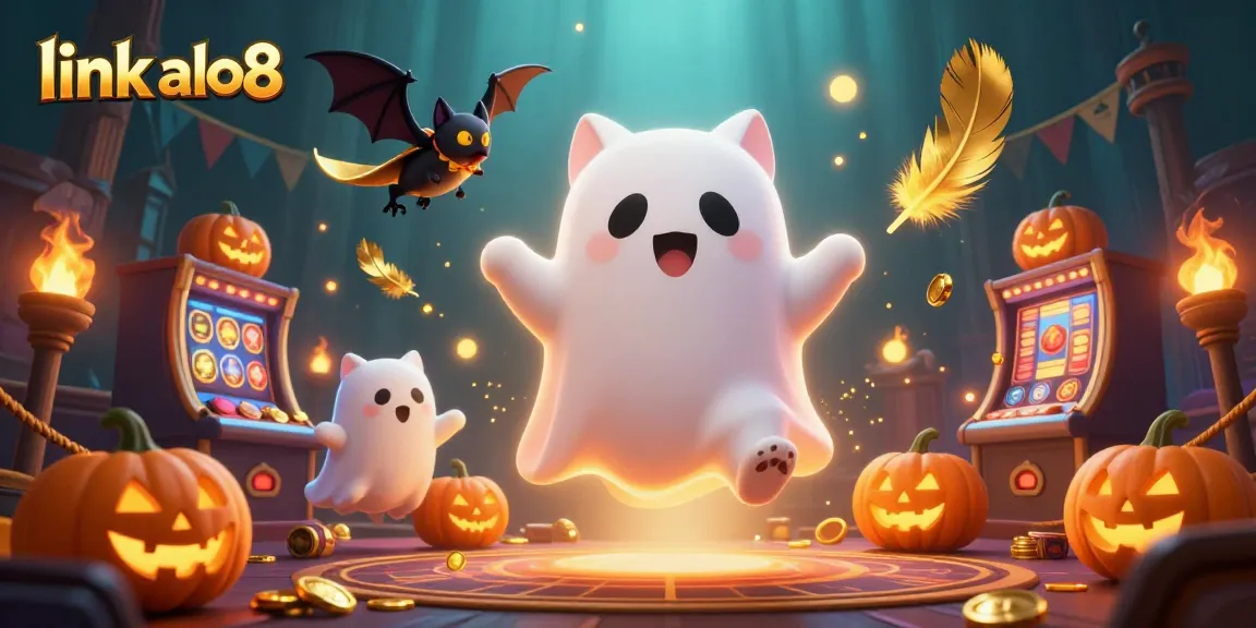 Engage in thrilling gaming at link alo8 with a ghost cat and golden bat surrounded by exciting casino elements.