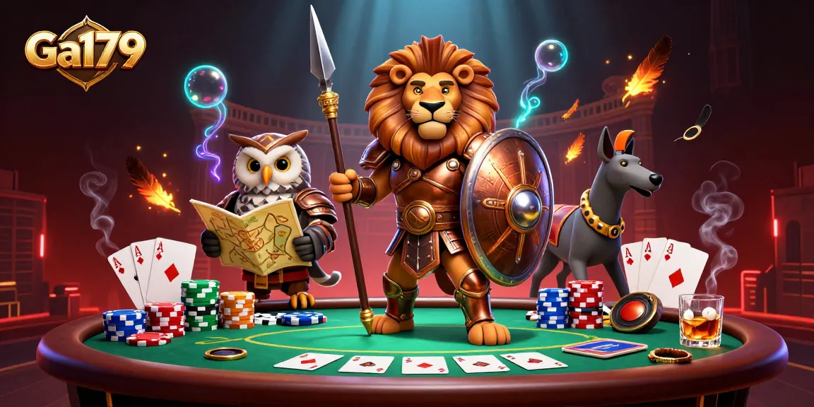 Engage with Ga179's dynamic gambling arena featuring a Spartan lion and tactical owl amid rich game elements and a dramatic backdrop.