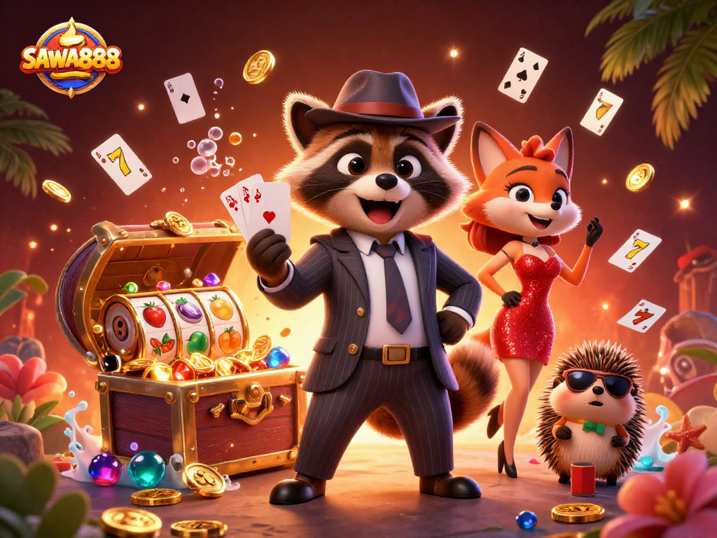 Experience thrilling gameplay with SAWA888 featuring colorful characters, slot reels, and vibrant casino elements.