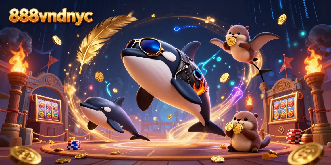 Engage in thrilling casino action with 888vndnyc, featuring an orca in a biker jacket, stingray, and otters holding coins.