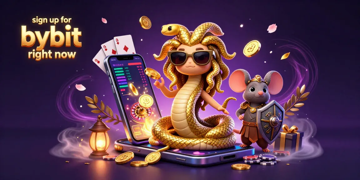 Sign up for Bybit right now and engage with a vibrant crypto trading scene filled with golden coins and lively characters.