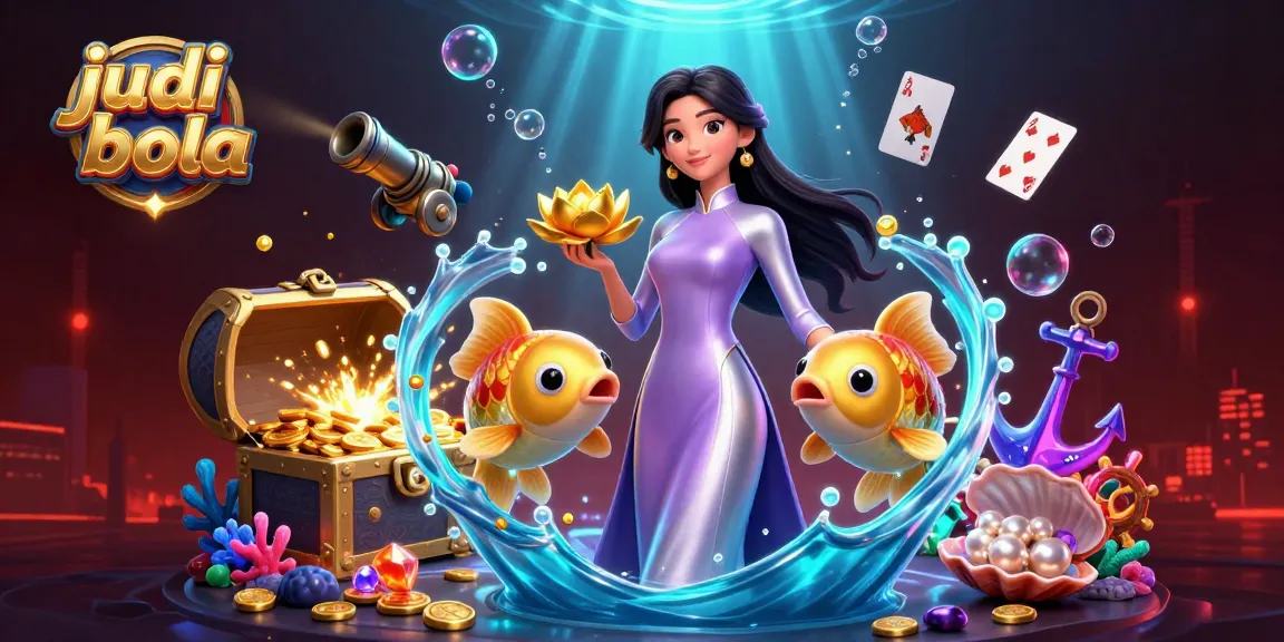 Experience the thrill of judi bola with vibrant 3D casino illustration featuring shimmering koi fish and golden treasures.