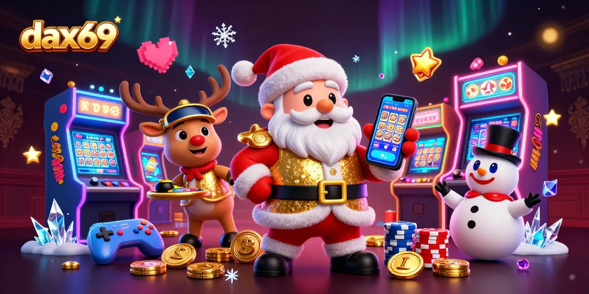 Dax69 menang besar di kasino dengan Santa, rusa, dan manusia salju yang sedang bermain slot.