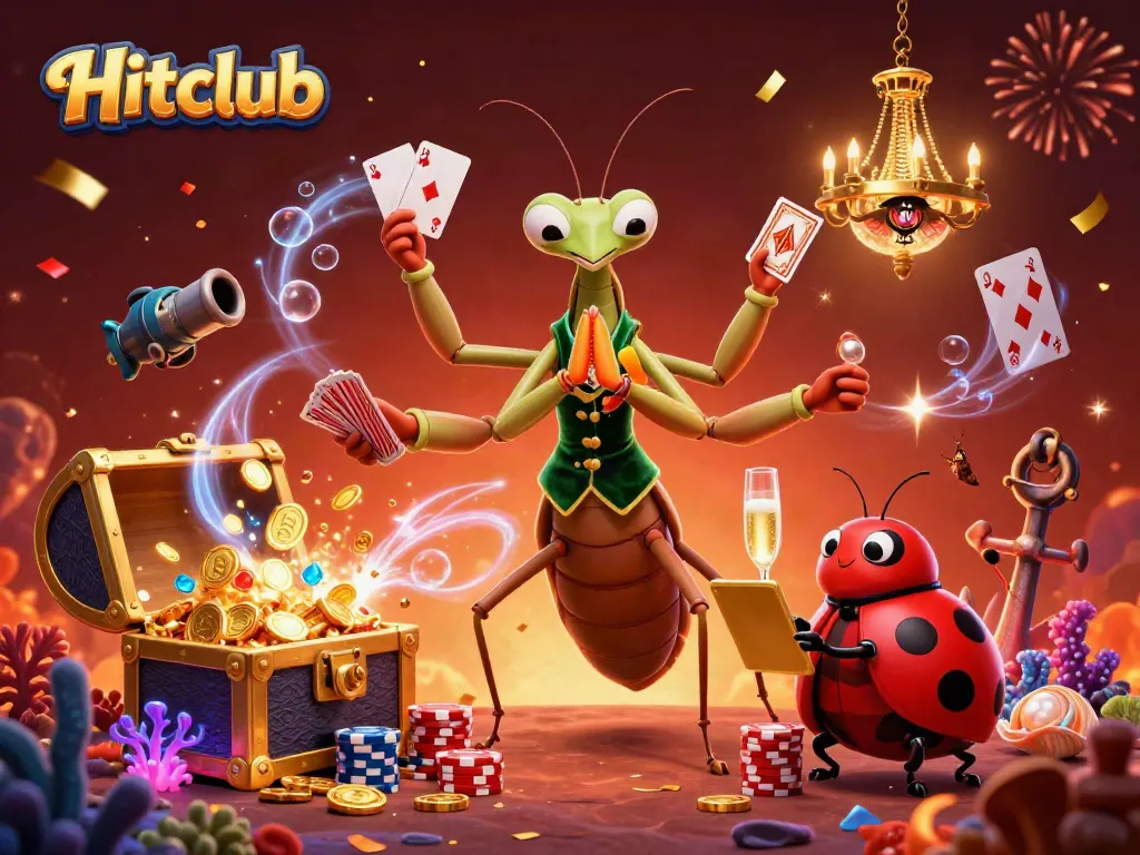 Hitclub players enjoy an exciting casino experience with vibrant characters, cards, and gold!