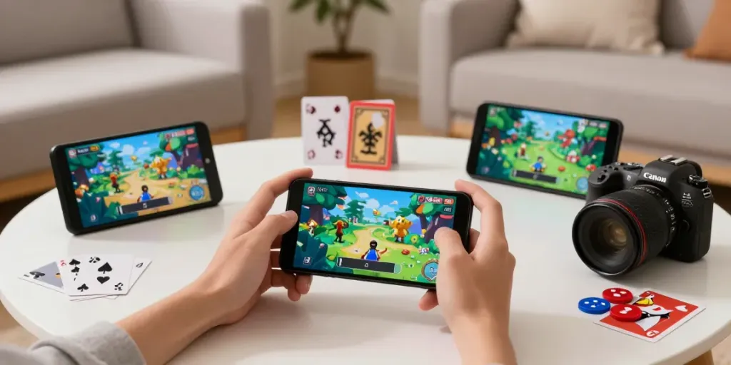 Engaged user playing yono games on a mobile device in a cozy living room.