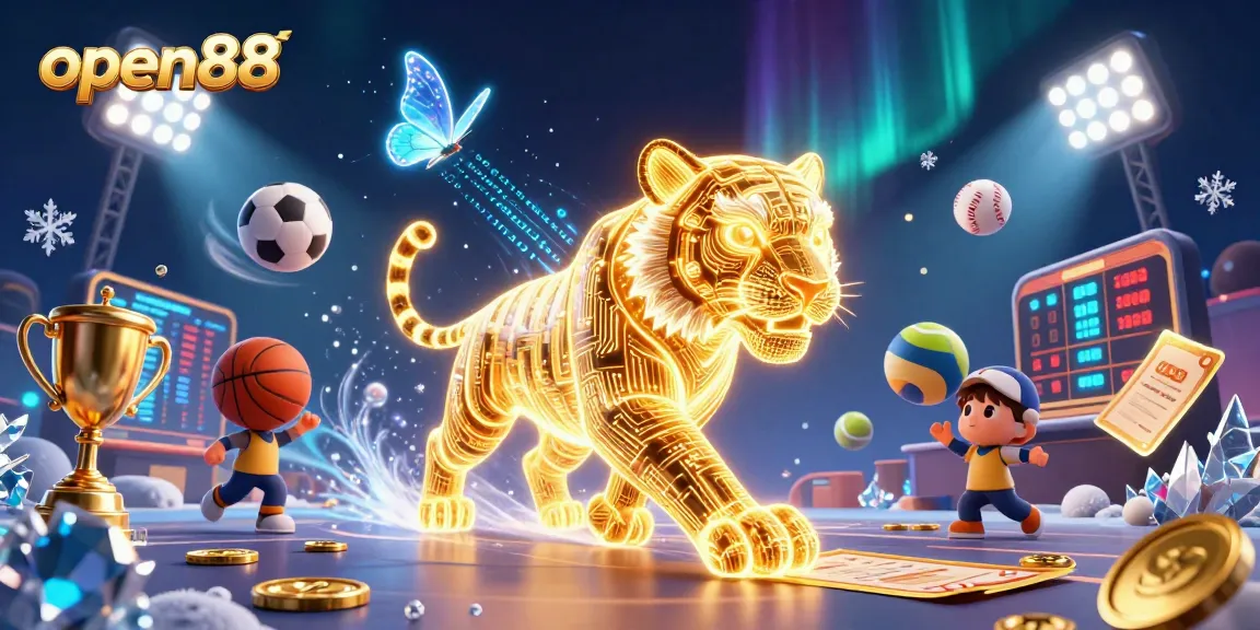 Experience thrilling gameplay at open88 with a vibrant digital casino featuring a golden tiger and dynamic sports elements.