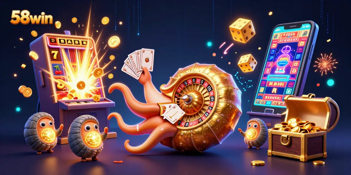 Experience the vibrant world of 58win with a thrilling casino illustration showcasing a giant nautilus as a roulette wheel.