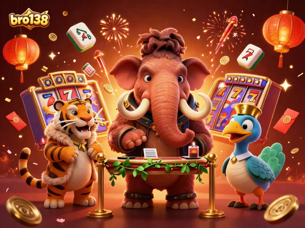Spin and win at bro138 with slots and a vibrant casino scene featuring lively characters.