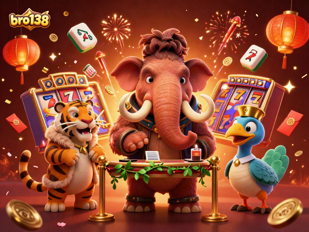 Spin and win at bro138 with slots and a vibrant casino scene featuring lively characters.