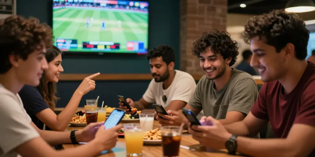 Exciting moment at a sports lounge with friends enjoying cricket and football betting on lotus365.