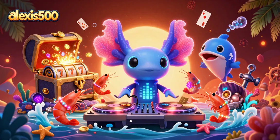 Experience thrilling gameplay with alexis500 featuring a vibrant 3D scene of a DJ axolotl in an underwater casino.
