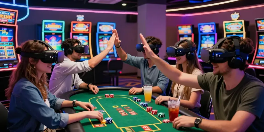 Young adults enjoying the innovative gaming experience at ALO8.COM casino, showcasing excitement and engagement.