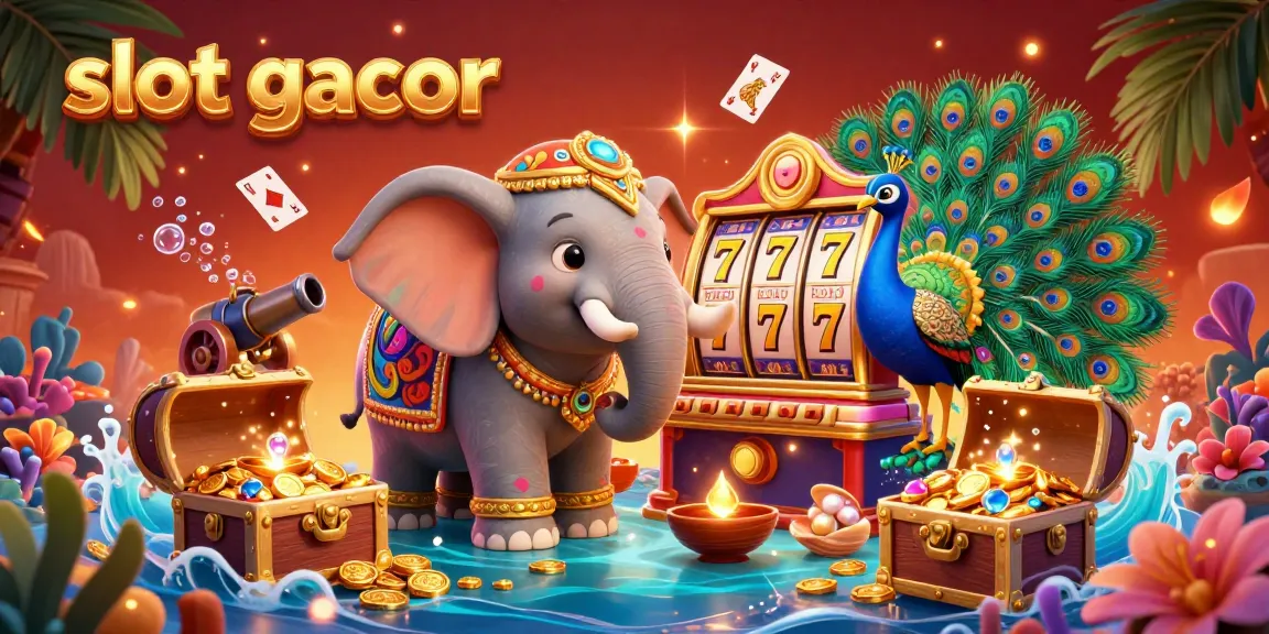 Experience the thrill of slot gacor with this vibrant casino-themed illustration featuring a 3D elephant surrounded by casino elements.