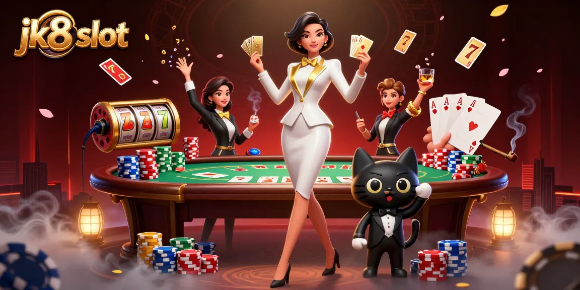 Experience the thrill of jk8 slot gaming with vibrant characters and dynamic casino elements in this rich illustration.
