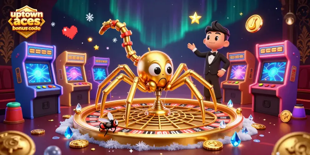 Experience exciting gameplay with uptown aces bonus codes while a fly bets in a golden roulette web.