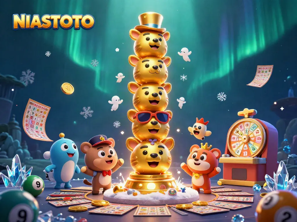 Taruhan NIASTOTO dengan bola lotere dan mesin lotere, menampilkan aksi bermain.
