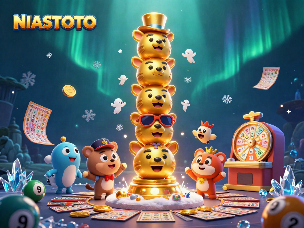 Taruhan NIASTOTO dengan bola lotere dan mesin lotere, menampilkan aksi bermain.